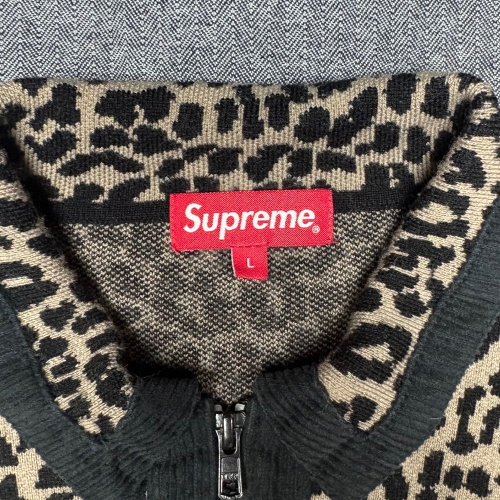 Supreme Leopard Corduroy Zip Up Sweater Tan Black Merino Wool Mens Large L F/W18 - Picture 4 of 7